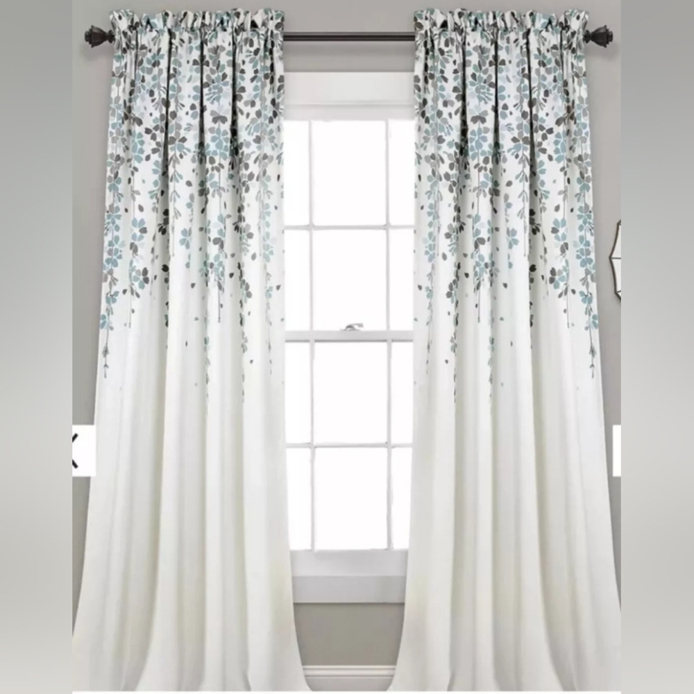 NEW Half Moon Weeping Flowers Blue/Brown 100% Polyester 2 Window Panels Curtains